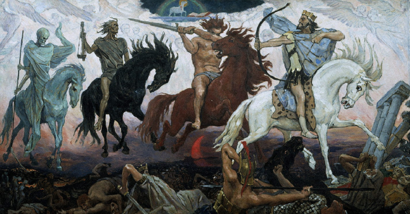 an 18th century painting depicting four horses and their apocalyptic horsemen